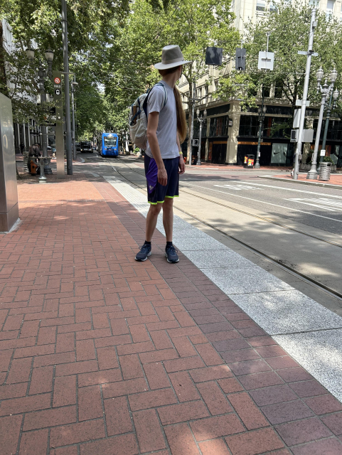 Peter standing at a sidewalk MAX station, looking back at an approaching orange line train, which is blue. The sidewalk is entirely brick except for the white bumpy edge of the platform, and trees fill the area above the street.