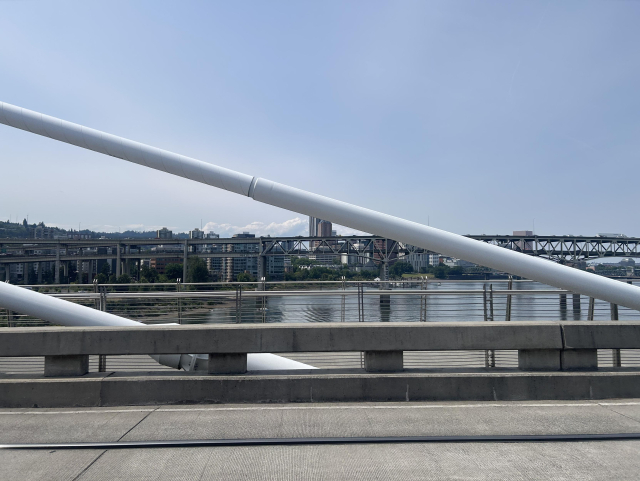 Northward view from the Tillikum Crossing bridge, a white cable-stayed bridge with two cables visible in the photo, toward the Marquam bridge carrying I5 across the Willamette River, and downtown Portland in the background.