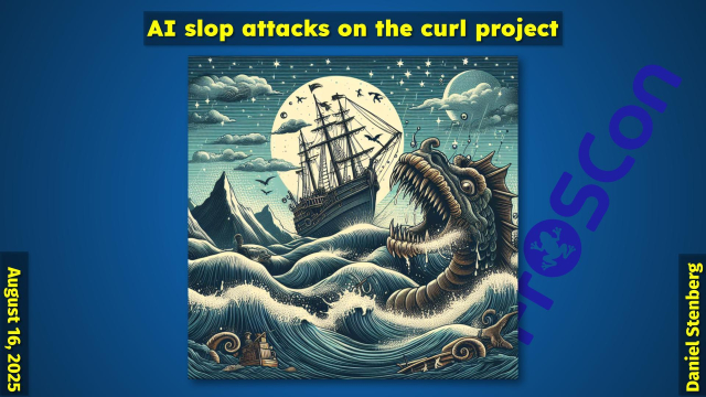 Title: "AI slop attacks on the curl project"

With a painting showing an old sail ship being under attack from a huge sea monster. Non-realistic using only blue, grey and brow colors.