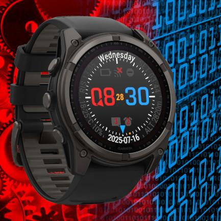 Preview of the watchface running on Garmin Fénix8 watches with round display.
It has a black background. Around the display edge there are 6 textual fields showing day of week, current date, weather, altitude, sun set and sun rise times.
Further in is a round dial with very subtle arrows, red showing hours and blue minutes, and little orange dot showing seconds.
In the middle there is current time rendered in huge digits, with red hours, blue minutes and in the very middle small orange second digits.