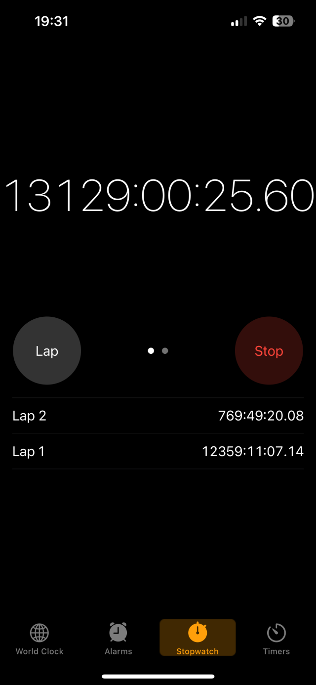 Apple iOS stopwatch timer reading 13129:00:25:60