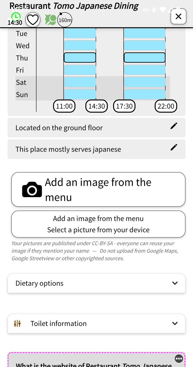 A screenshot of MapComplete's restaurant and food theme, showing the option of taking a photo of the restaurant's menu.
