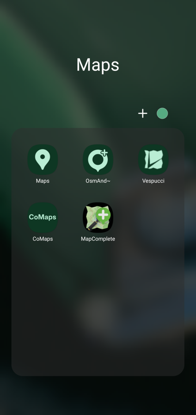 Android UI showin a folder with 5 maps app namely Google Maps, OsmAnd, Vespucci, CoMaps and MapComplete