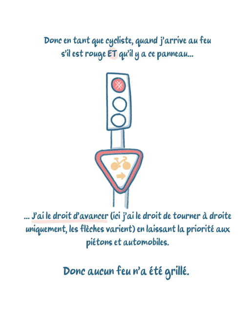 En tant que cycliste, en arrivant au feu rouge, s'il y a le panneau, j'ai le droit de passer (en fonction de la flèche ça peut être à gauche, droite, tout droit...) en laissant la priorité aux piétons et voitures. Donc je ne grille aucun feu.