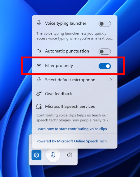 Highlighting the new filter profanity toggle in voice typing settings