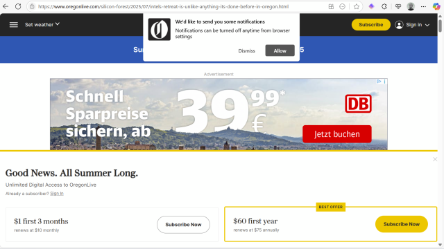 screenshot of oregonlive.com with zero actual content visible below various popups