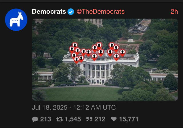 Democrats Twitter account posting an image of the White House with sex offender location pins like Kendrick did on his single Not Like Us referring to Drake being a pedophile