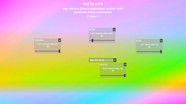 screenshot of a website with a multicoloured blurry background. text inputs are visible, inside are written city names, below each of these there is a string of data and a range input.