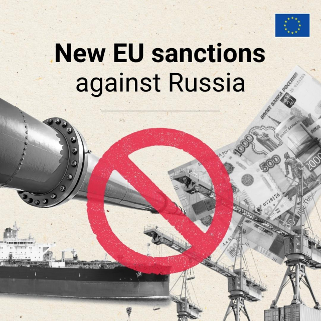 Graphic showing a pipeline, Russian ruble banknotes, and a cargo ship overlaid with a red prohibition sign and the text "New EU sanctions against Russia." On the top-right side is the EU logo.