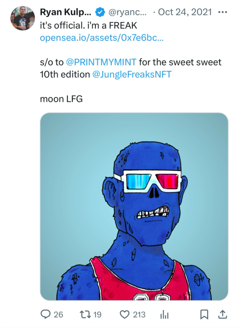 A tweet by Ryan Kulp from 2021 with a picture of an NFT and some incomprehensible crypo jargon about how be bought it