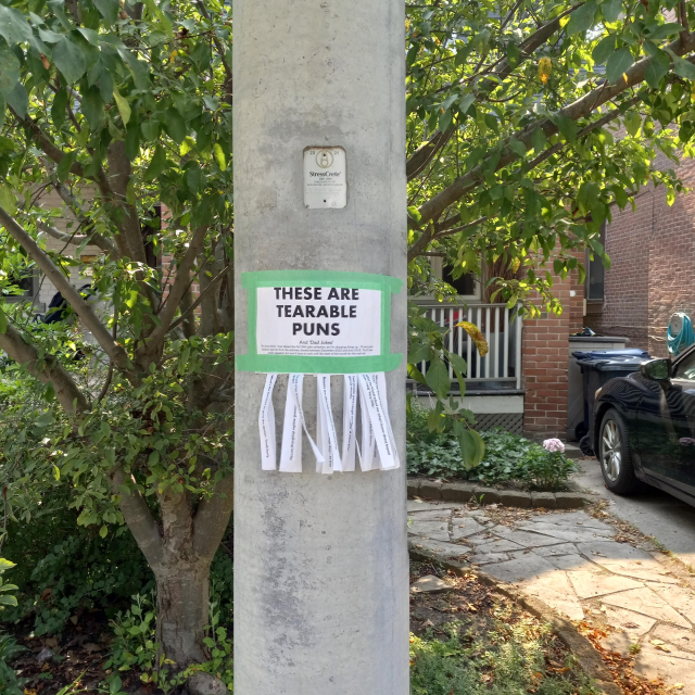 A printed paper sign attached to an electric pole with green masking tape in a front of a tree with houses and a car visible in the background. The sign has tabs hanging off for passersby to take.

The sign reads: THESE ARE TEARABLE PUNS And 'Dad Jokes'
By June 2025, I had shared the full 340 joke collection, so I'm changing things up. I'll now post random reprints from the archives, shared between December 2022 and June 2025. You'll see jokes repeated but won't have to wait until the start of the month for the next set.