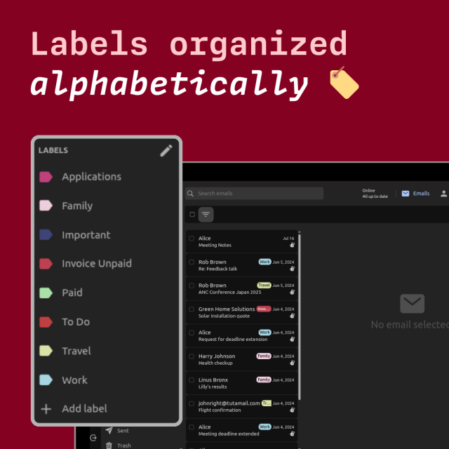Screenshot showing labels organized alphabetically in Tuta