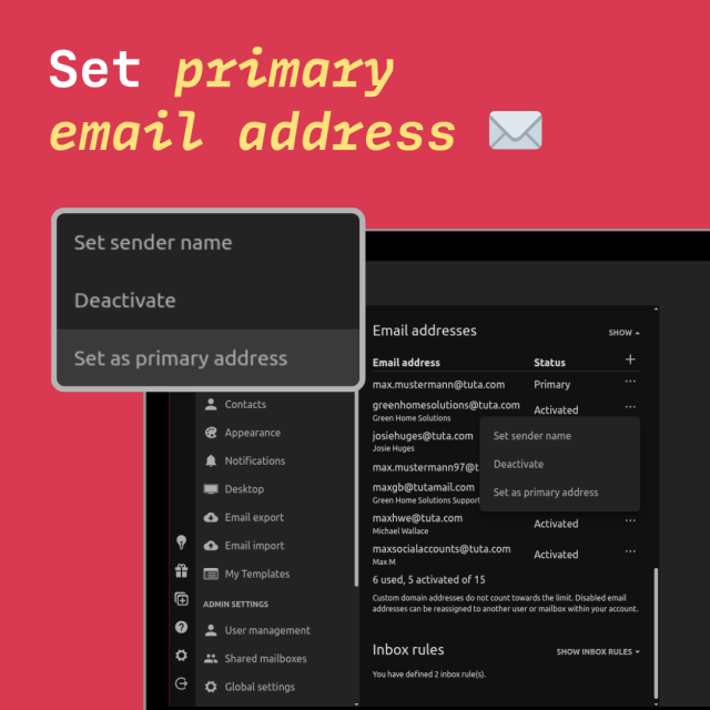 Screenshot showing how to set primary email address in Tuta