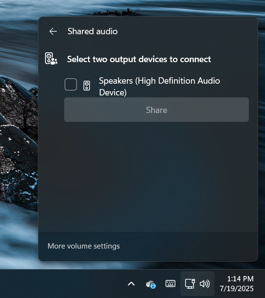 Shared audio quick setting in Windows 11. The quick setting tells the user to select two output devices to connect. Only one device is listed - "Speakers (High Definition Audio Device)", so the feature can't be used. A big grayed out Share button is visible.