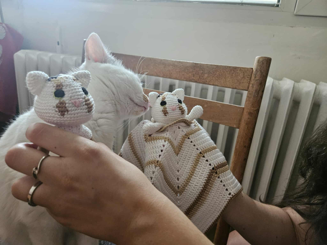 Me curiously sniffing two crocheted baby toys.