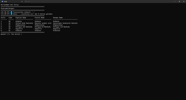 Screenshot des Sivvy-Interface. Im oberen Teil ist ein Log mit Programmmeldungen zu sehen, darunter eine Beispieltabelle mit Ländernamen in verschiedenen Sprachen. Unter der Tabelle befindet sich eine Befehlszeile die auf Eingaben wartet.