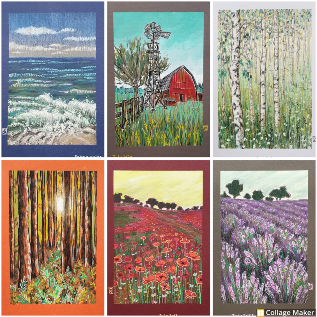 A photo collage of some of my landscape artwork:
A seascape with lapping waves, a farm landscape with a red barn, a birch tree woodland, a dense lush forest, a red poppy field and a purple lavender field. 