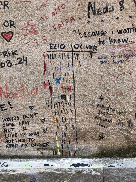 Graffittied wall with a scoreboard for Elio vs. Oliver. Elio is winning by a wide margin.