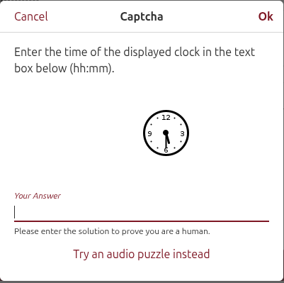 A screenshot of a CAPTCHA message that prompts you to enter the time displayed on an analog clock to access your Tutanota email account.