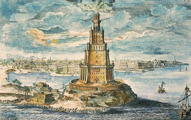 Imaginary engraving of the lighthouse of Alexandria (Egypt) by Johann Bernhard Fischer von Erlach.