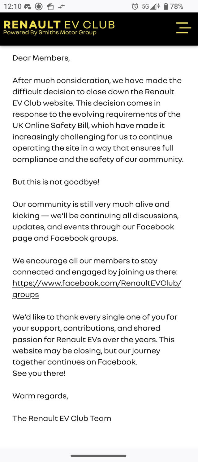 A post on the Renault EV Club website saying they have closed down the website and moved to Facebook because of the UK online safety act.