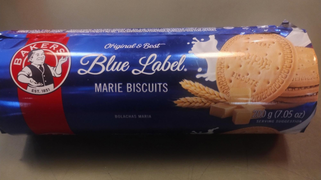 a packet of Blue Label Marie Biscuits, in a suitably blue wrapper