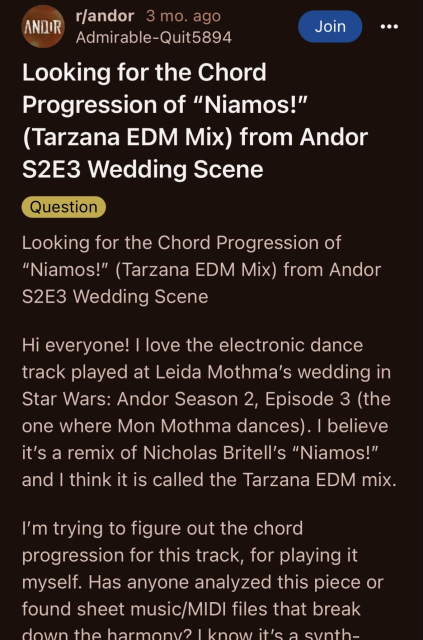 A Reddit user asks for the chord progression of “Niamos!” by Nicholas Britell, a haunting melody used many times in the Andor series