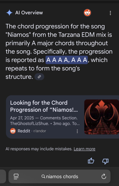 Three months later, in reply to my query “niamos chords”, Google reports the Reddit answer…despite its unlikely provenance and fundamental implausibility to any organism that has ears