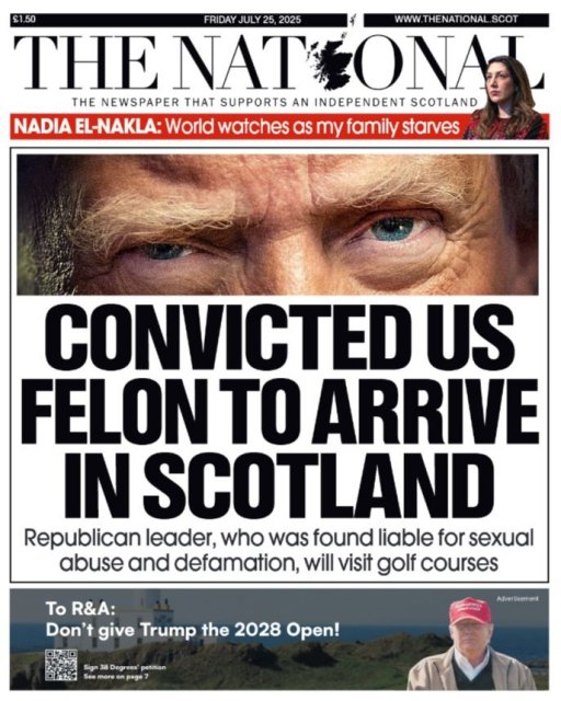 Front page of The National Newspaper - published in Scotland with the headline "Convicted US Felon to Arrive in Scotland"