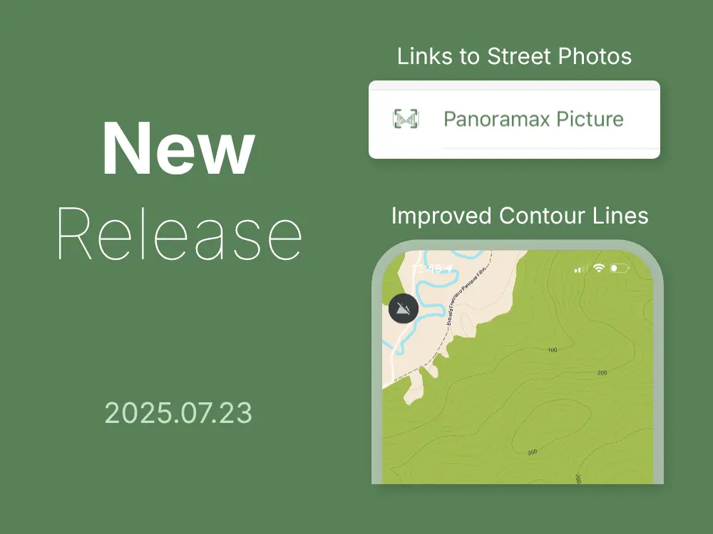 Olive green background, on the left “New Release 2025.07.23”. On the right “Links to Street Photos” followed by Panoramax icon and “Panoramax Picture”. And below, “Improved contour lines” with a screenshot of green terrain with contour lines.