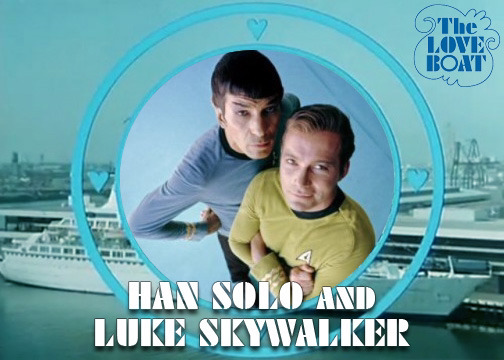 A screenshot of the opening credits to The Love Boat. Spock and Kirk are in the centre feature, but the label says ‘Han Solo and Luke Skywalker’ 