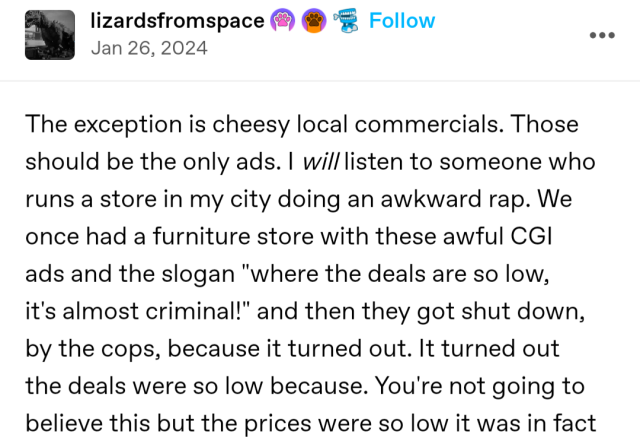 The exception is cheesy local commercials. Those should be the only ads. I will listen to someone who runs a store in my city doing an awkward rap. We once had a furniture store with these awful CGI ads and the slogan "where the deals are so low, it's almost criminal!" and then they got shut down, by the cops, because it turned out. It turned out the deals were so low because. You're not going to believe this but the prices were so low it was in fact 