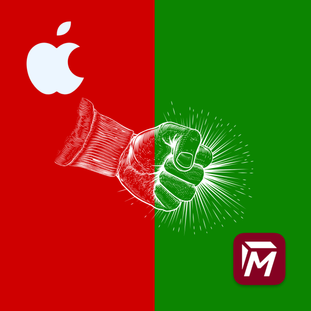 Image with the Apple logo in the top left corner and the Tuta Mail logo in the bottom right corner with a fist in the middle punching down towards Tuta. Depicting the struggle for smaller tech companies and how Big Techs like Apple hold the power. 