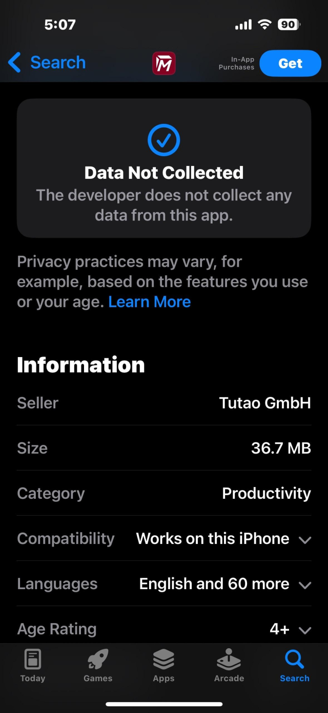 Screenshot of an app store page displaying information about an app called "Tutaob," including details on data collection, size, category, compatibility, languages, and age rating. The top section indicates that the developer does not collect data.