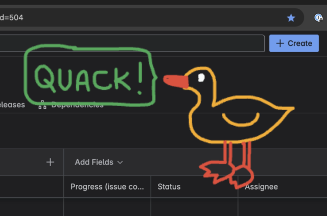A line drawing of a yellow duck saying quack overlaid on top of a jira board.