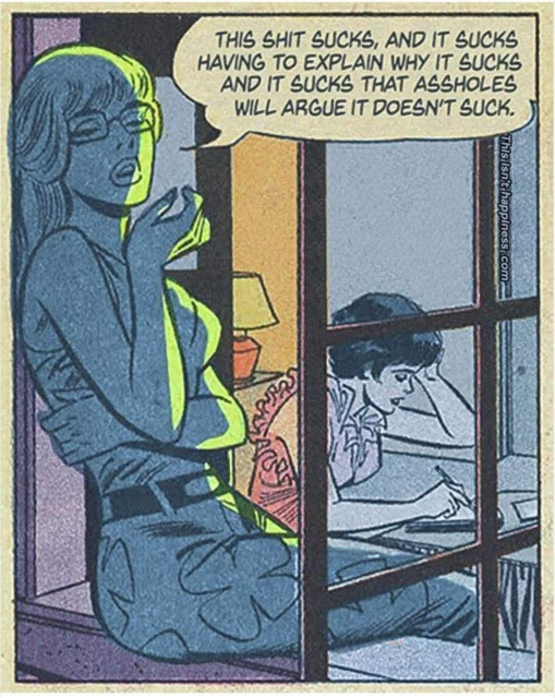 A panel from a comic. A woman inside a room is writing at a desk, while a second woman is sitting on the open windowsill. The second woman is speaking. Her speech bubble reads: "This shit sucks, and it sucks having to explain why it sucks and it sucks that assholes will argue it doesn't suck."