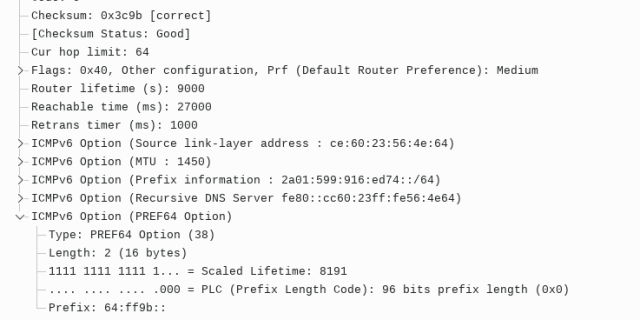 Wireshark captue showing RA with PREF64