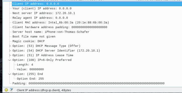 Wireshark capture 
show dhcp 108 with time zero