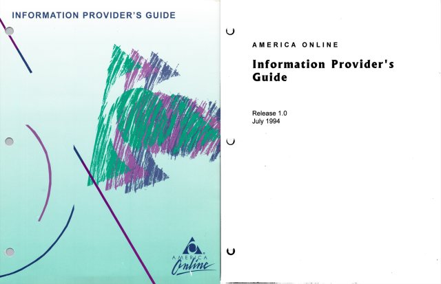 The cover and intro page from a scanned AOL "Information Provider's Guide." The cover is a SUPER 90's "jazz cup" style design with three superimposed copies of the AOL logo in teal, purple, and blue. It is labeled "Revision 1.0, July 1994."
