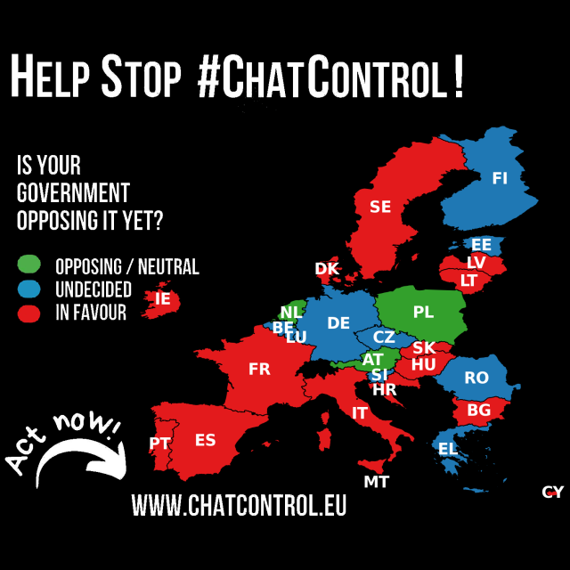 A map of Europe titled "Help Stop #ChatControl!" shows countries color-coded by their government's stance on Chat Control in 2025. The legend indicates: green for "Not in favour," blue for "Undecided/Unclear," and red for "In favour."

Countries in favour (red) are: Bulgaria, Croatia, Cyprus, Denmark, France, Hungary, Ireland, Italy, Latvia, Lithuania, Malta, Portugal, Slovakia, and Spain.

Countries not in favour (green) are: Austria, Netherlands, and Poland.

Countries undecided or unclear (blue) are: Belgium, Czech Republic, Estonia, Finland, Germany, Greece, Slovenia, Luxembourg, Romania, and Sweden (in favour, but subject to approval by Parliament).

The map includes the text "Is your government opposing it yet?" and a call to action at the bottom: "Act now! www.chatcontrol.eu".