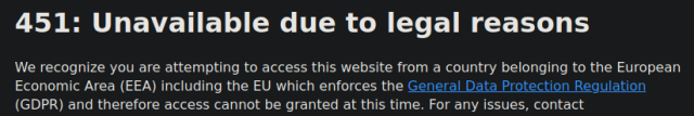 Screenshot of a website giving a 451 error ("unavailable due to legal reasons") as their owners don't want to comply with GDPR