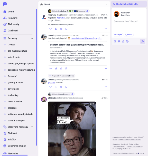 Homepage Mastodonu s rozbalenými seznamy