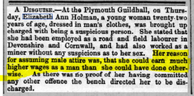 newspaper cutting of the case detailing that she was charged for being a suspicious person. The highlighted text notes that she wore male attire "so that she could earn much higher wages as a man than she could have done otherwise".