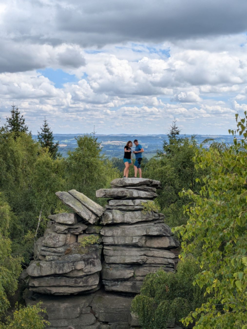 Two distant figures on the top of a rock.