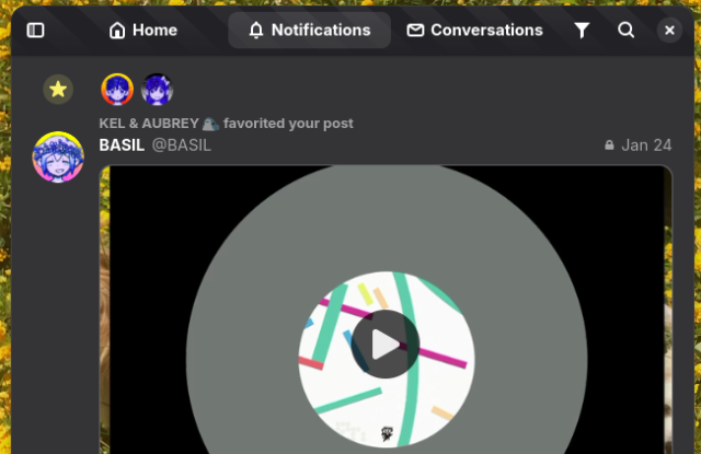 Screenshot of Tuba. The user is in the notifications tab showing a grouped notification. At the top there's a star and 2 avatars. Right below them the text "KEL & AUBREY [blobhaj emoji] favorited your post" and right below that a post by BASIL.