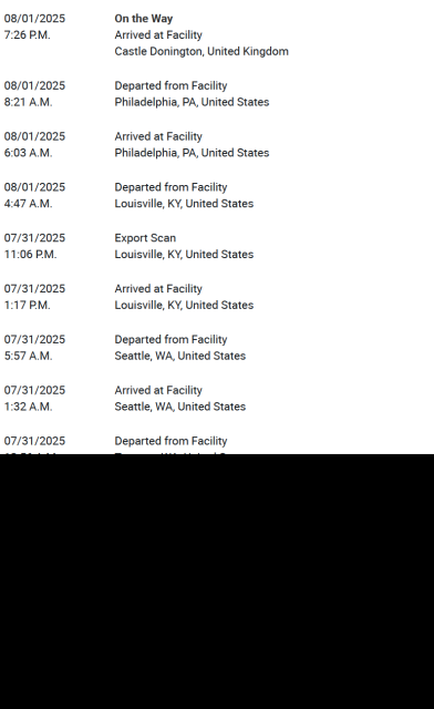 a UPS tracking page showing a shipment starting in Everett, WA on 31st July to multiple locations, ending in Castle Donington, United Kingdom by August 1st. 