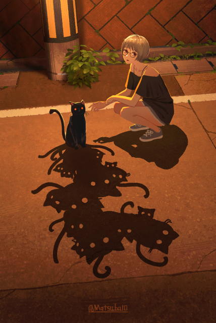 Anime girl and a cat with a weird shadow