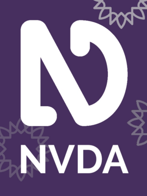 Mockup of NVDA box with NVDA logo and name in white on purple with grey sunbursts around edge.