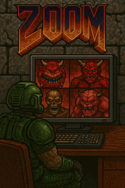 A pixel graphic themed character in armor and helmet from the classic DOS game Doom sits in front of a PC keyboard and screen showing a 2 by 2 split screen meeting showing four typical enemy characters from the game. Above the screen the games' iconical logo says Zoom instead of Doom.

(Source: some guy bridged from bluesky. Possibly #AIgenerated)