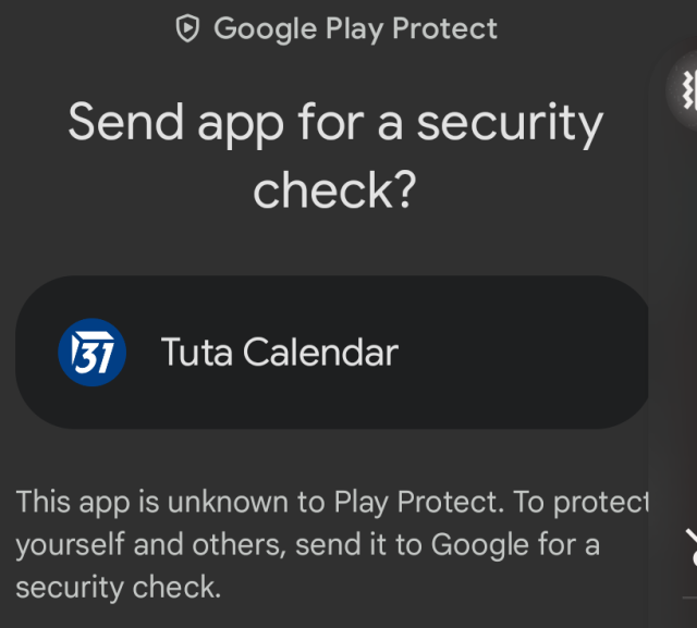 Screenshot of Google Play Protect prompt asking to send the app Tuta Calendar for a security check.